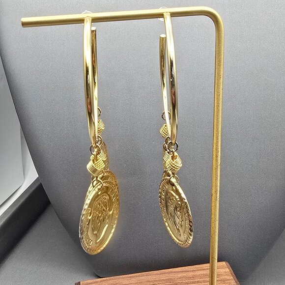 VTG Gold Coin Napoleon Empereur Dangle Hoop Post Earrings 3" Statement 1980s - Picture 8 of 10